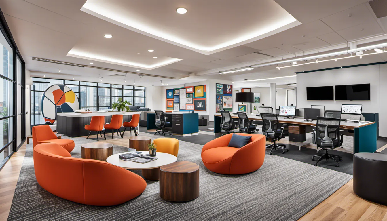 Craft an office that draws inspiration from sports arenas, featuring stadium-style seating, athletic motifs, and interactive elements that energize and motivate.