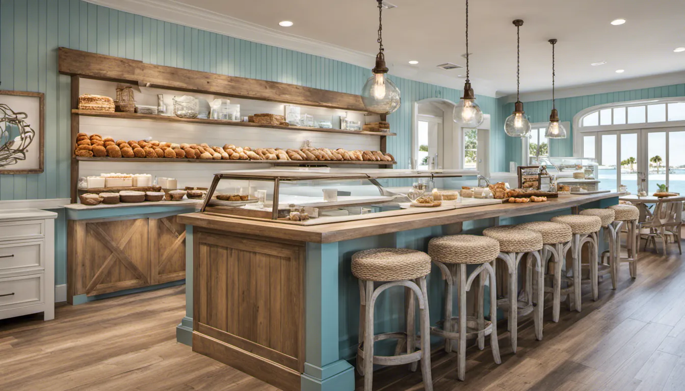 A bakery interior inspired by beachside relaxation. Use coastal colors, weathered wood, and beachy accents to evoke a laid-back and inviting atmosphere for customers to savor their treats.