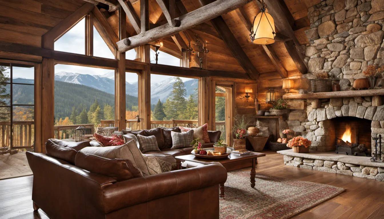 Capture the charm of a rustic cabin with exposed wooden beams, stone fireplace, vintage furniture, and cozy textiles. Use earthy tones and warm lighting to create a welcoming atmosphere.