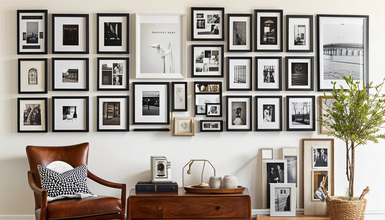 A gallery-style arrangement of framed photographs, mementos, and keepsakes, each telling a unique story and adding a personal touch to the space.