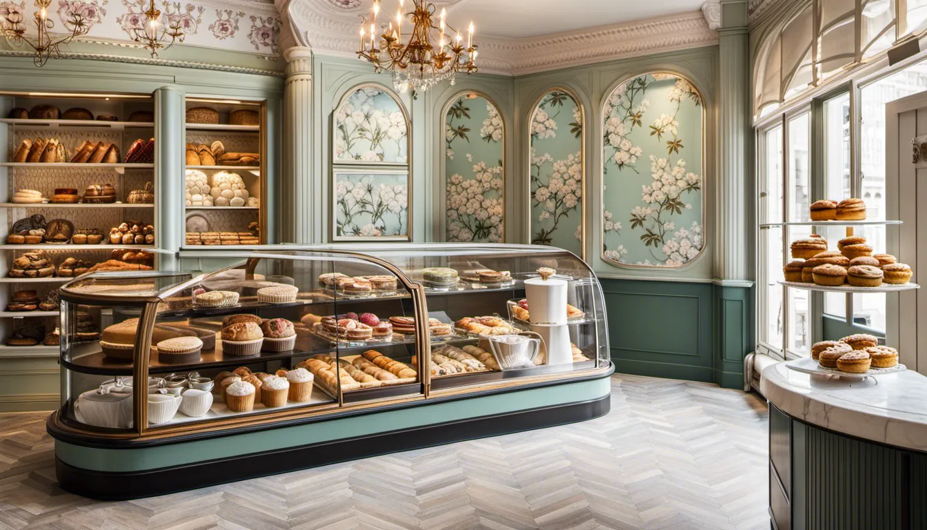 A small bakery shop that embraces vintage elegance. Incorporate antique display cases, ornate mirrors, and classic wallpaper patterns to evoke a sense of nostalgia and refinement.
