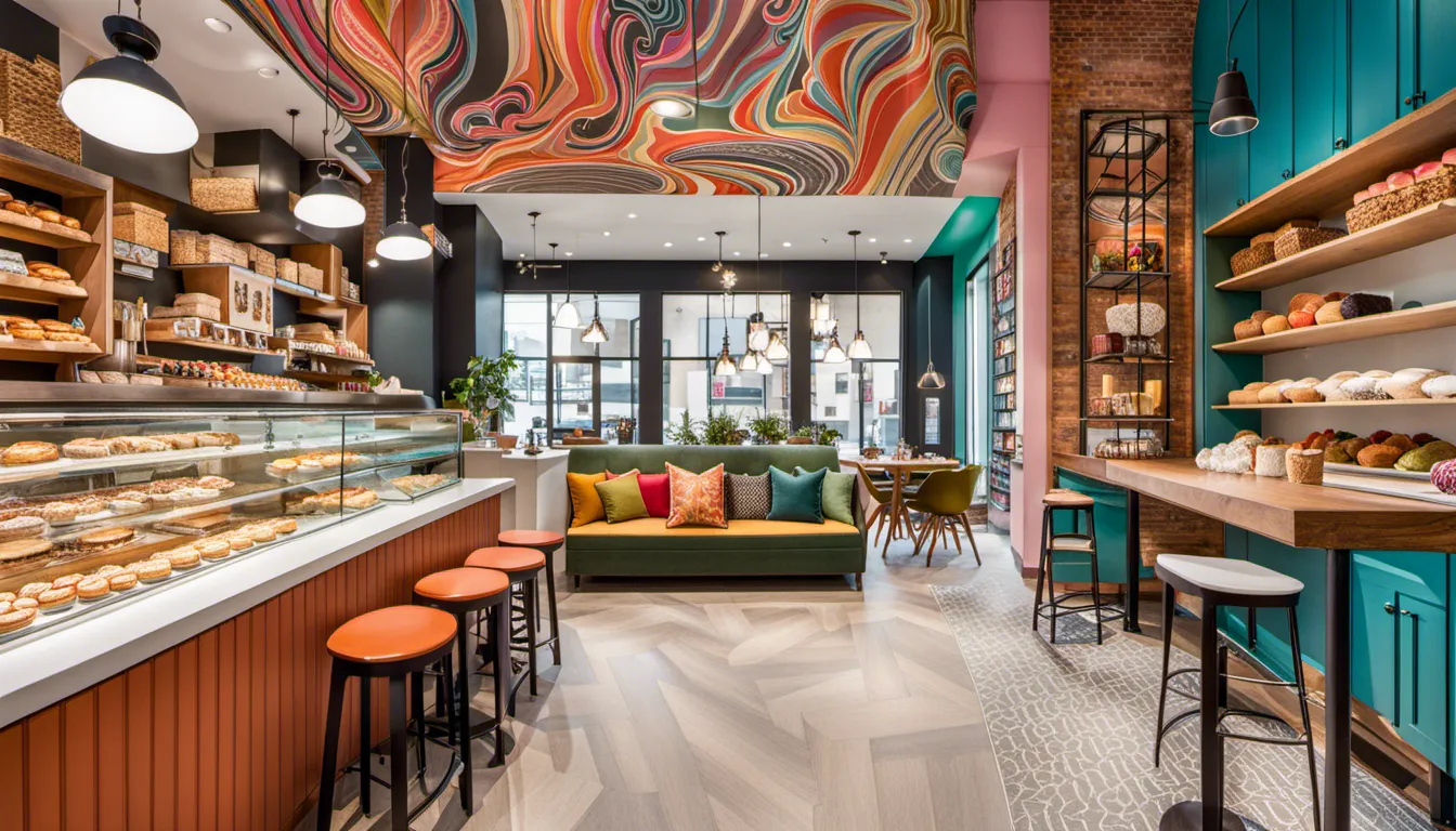 Envision a bakery shop interior that embraces eclectic design elements. Combine mismatched furniture, colorful patterns, and a variety of textures to create a vibrant and visually intriguing space.
