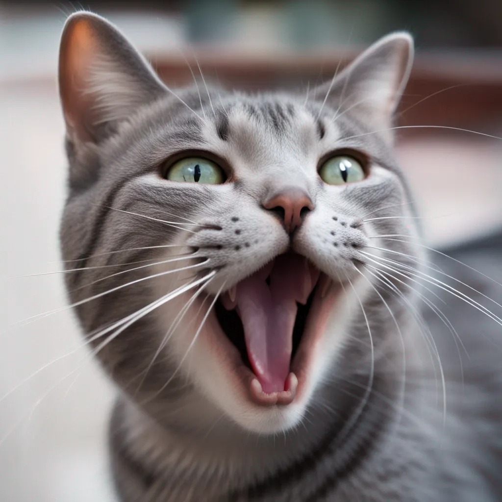 (A photograph of cat looks up mewing and having widely opened a mouth)The gray cat looks up, mewing and having widely opened a mouth