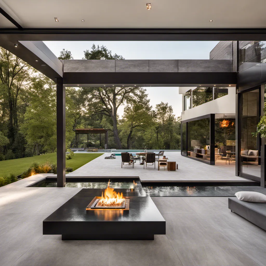 outdoor living space with fire table, infinity pool, trees and dog playing