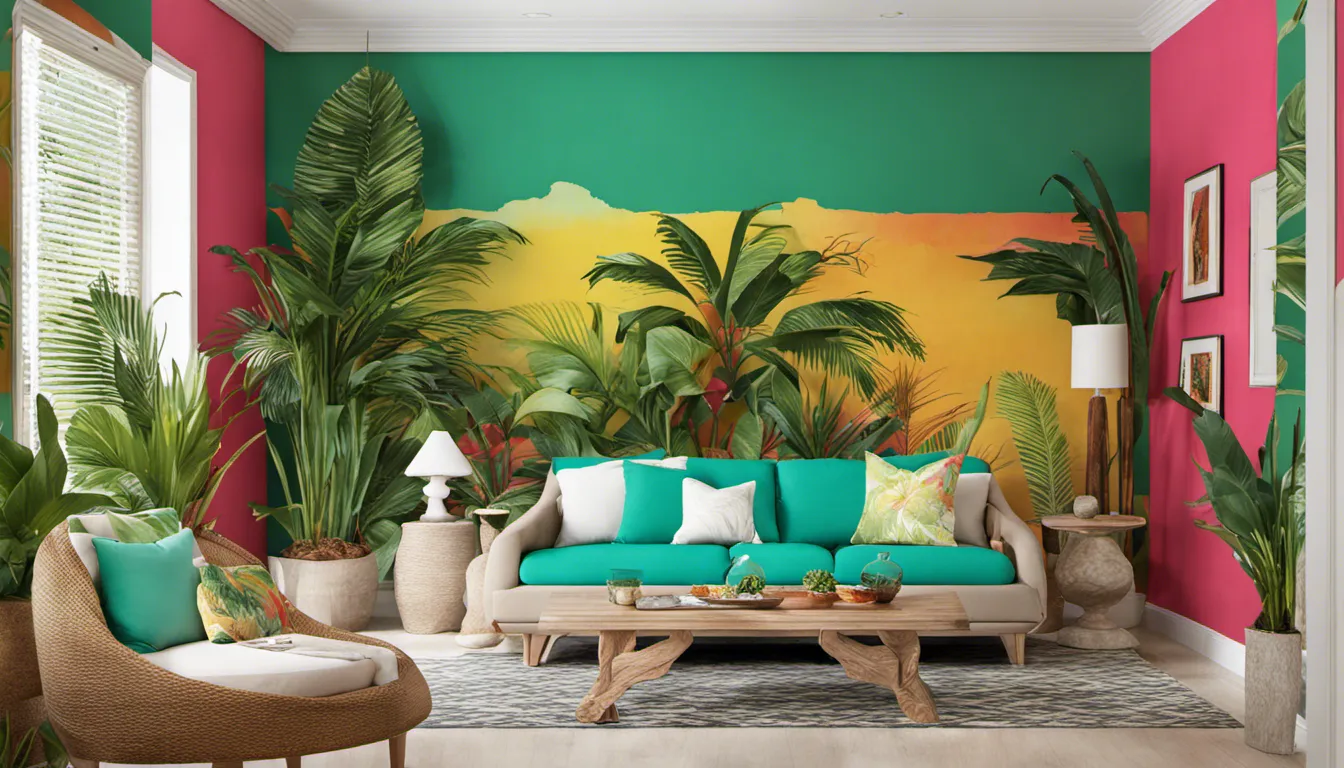 Photograph a room with vibrant, tropical-inspired paint colors that transport viewers to a lush, exotic paradise.