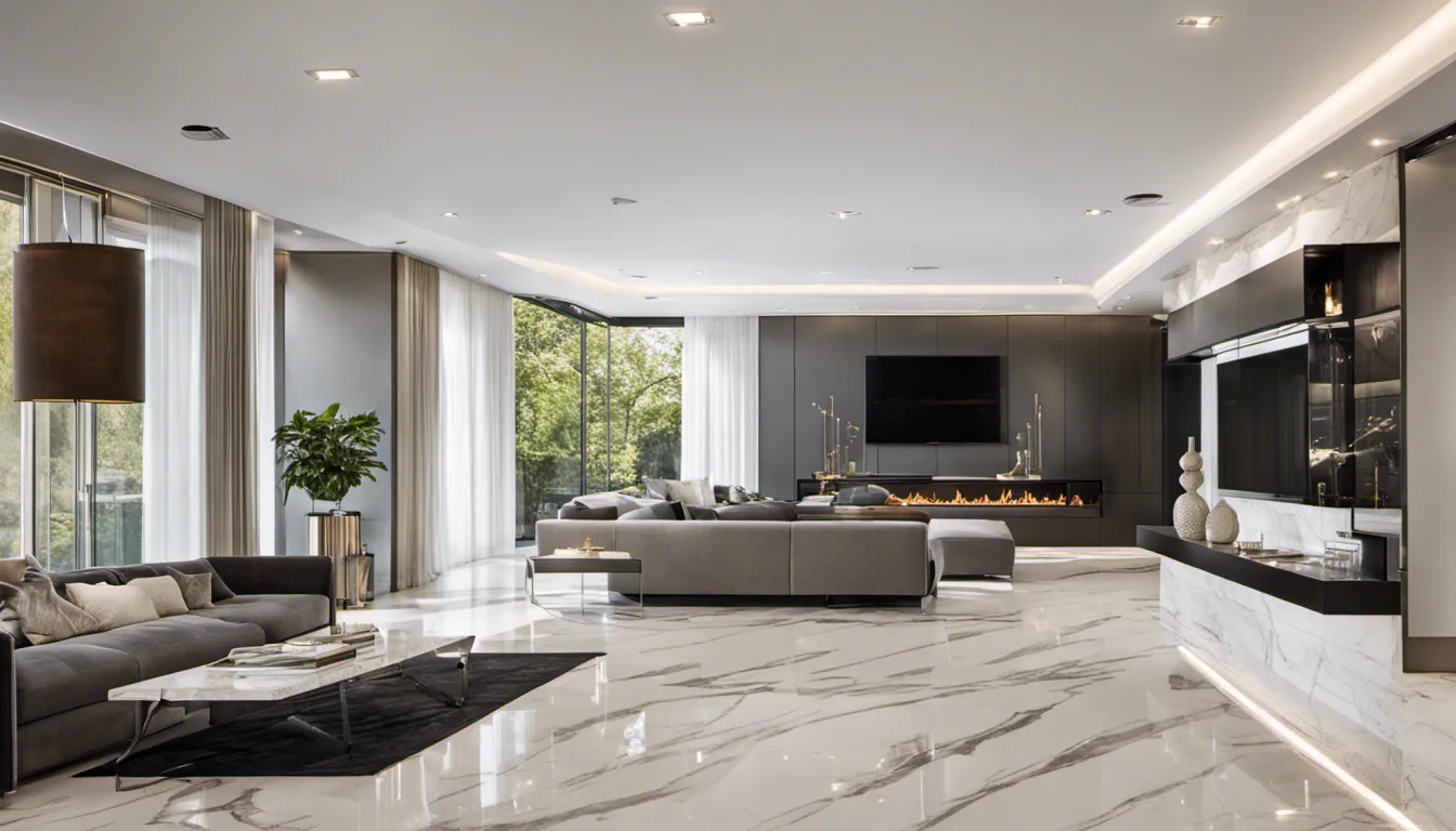 Showcase the sleek lines, neutral color palette, and minimalist furniture of a contemporary luxury home. Highlight the use of high-end materials like marble, glass, and chrome accents.