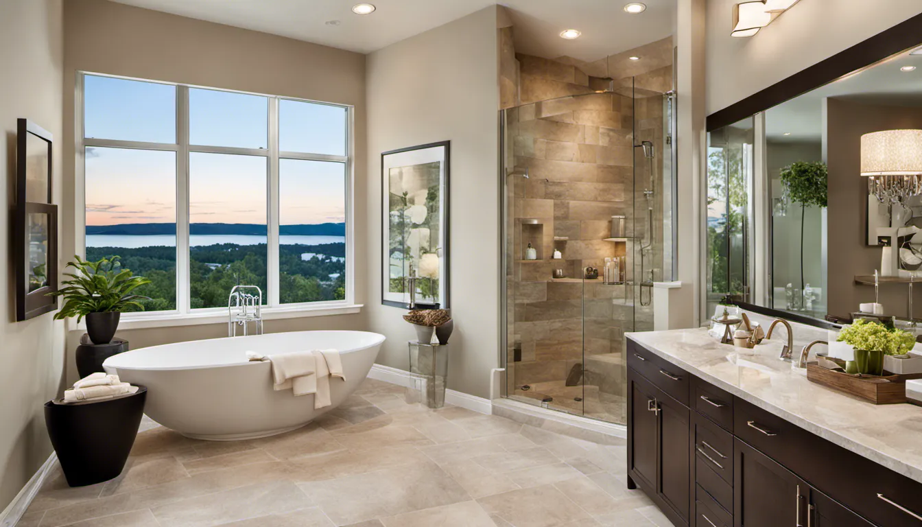 Craft a home spa experience with a master bathroom that includes a soaking tub, steam shower, and serene color palette. Use natural stone, soft lighting, and plush textiles to create an atmosphere of relaxation.