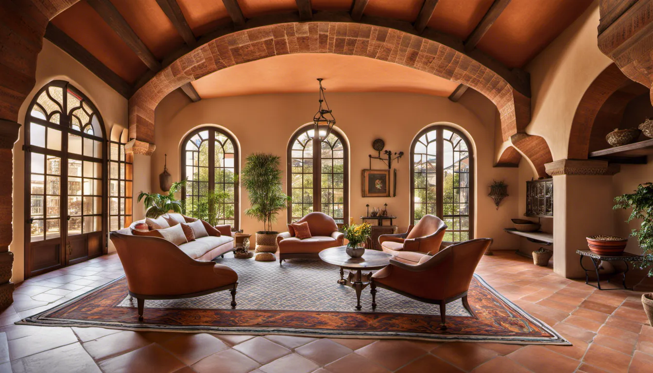 A Mediterranean-style rustic room featuring terracotta tiles, wrought iron accents, wooden ceiling beams, an ornate area rug, pottery and ceramics, and large arched windows with billowing curtains. Camera settings: Wide-angle lens, f/3.2, 1/100 sec, ISO 200.High Quality, Ultra HD (8K Ultra HD), Realistic,Sharp,Clear