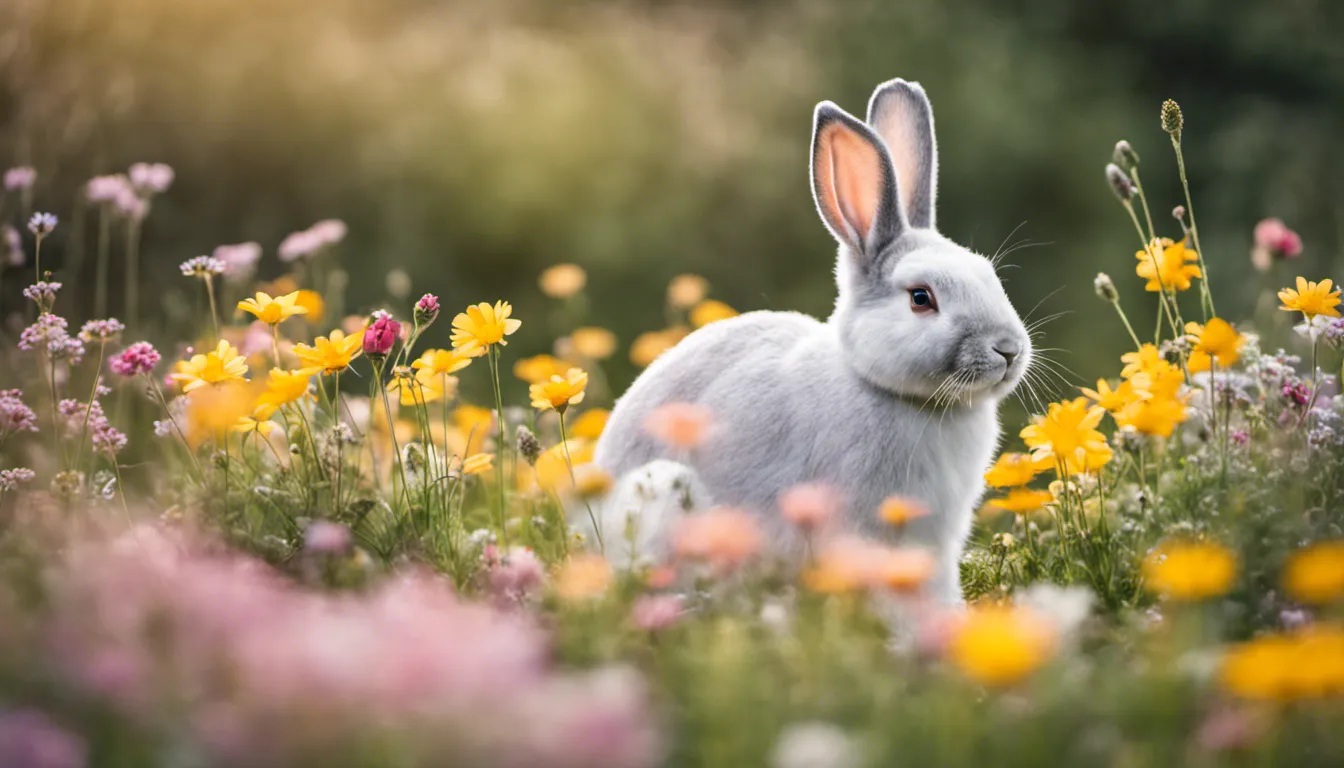 Dreamy composition of an Easter bunny sitting amidst a field of wildflowers, soft focus creating an almost dreamlike quality, evoking feelings of wonder and imagination. Camera settings: 24mm, f/1.8, 1/80 sec, ISO 800.