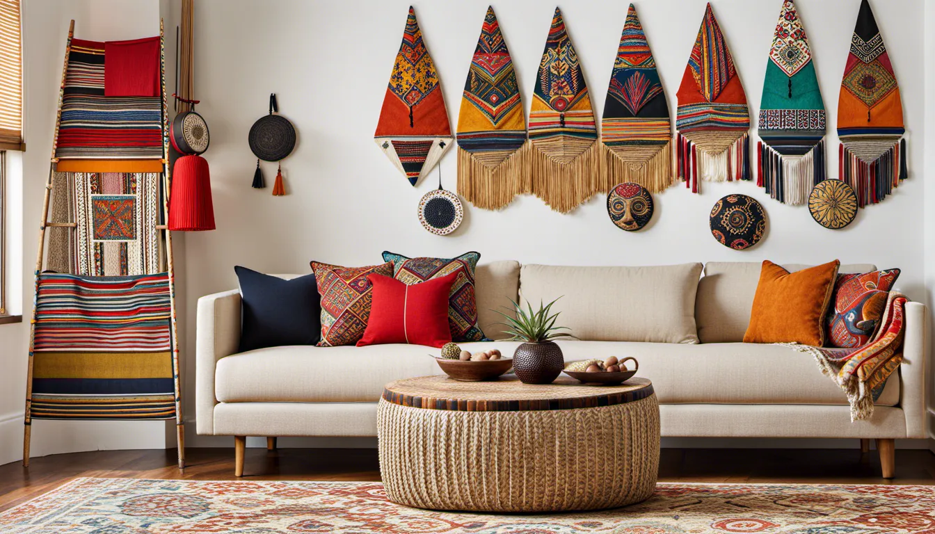 An interior wall decor that celebrates different cultures and traditions. Combine textiles, masks, and artifacts from around the world, arranging them in a captivating collage that showcases the richness of global diversity.