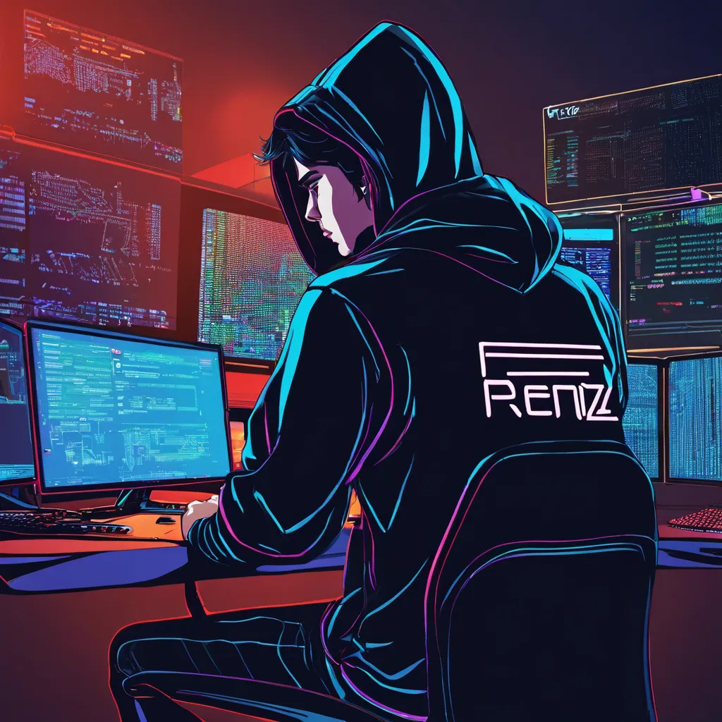 a person with dark hair, wearing a hoodie with “RENZ 10” written in neon colors, sitting in front of a computer displaying code and an avatar wearing a jersey with “Renz” written on it. The image is an animated depiction of a person from behind, focused on coding at a computer. The room setting is dark but illuminated by the glow from the computer screen and the neon text on the hoodie. The keyboard has RGB lighting which adds to the overall colorful and tech-savvy atmosphere of the image.