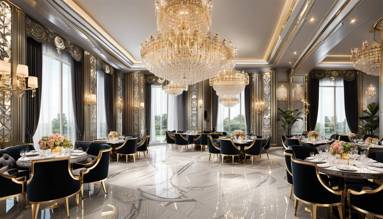 An ultra-luxurious restaurant interior fit for royalty. Incorporate intricate gold and silver accents, plush velvet seating, and crystal chandeliers to create an atmosphere of grandeur and extravagance.