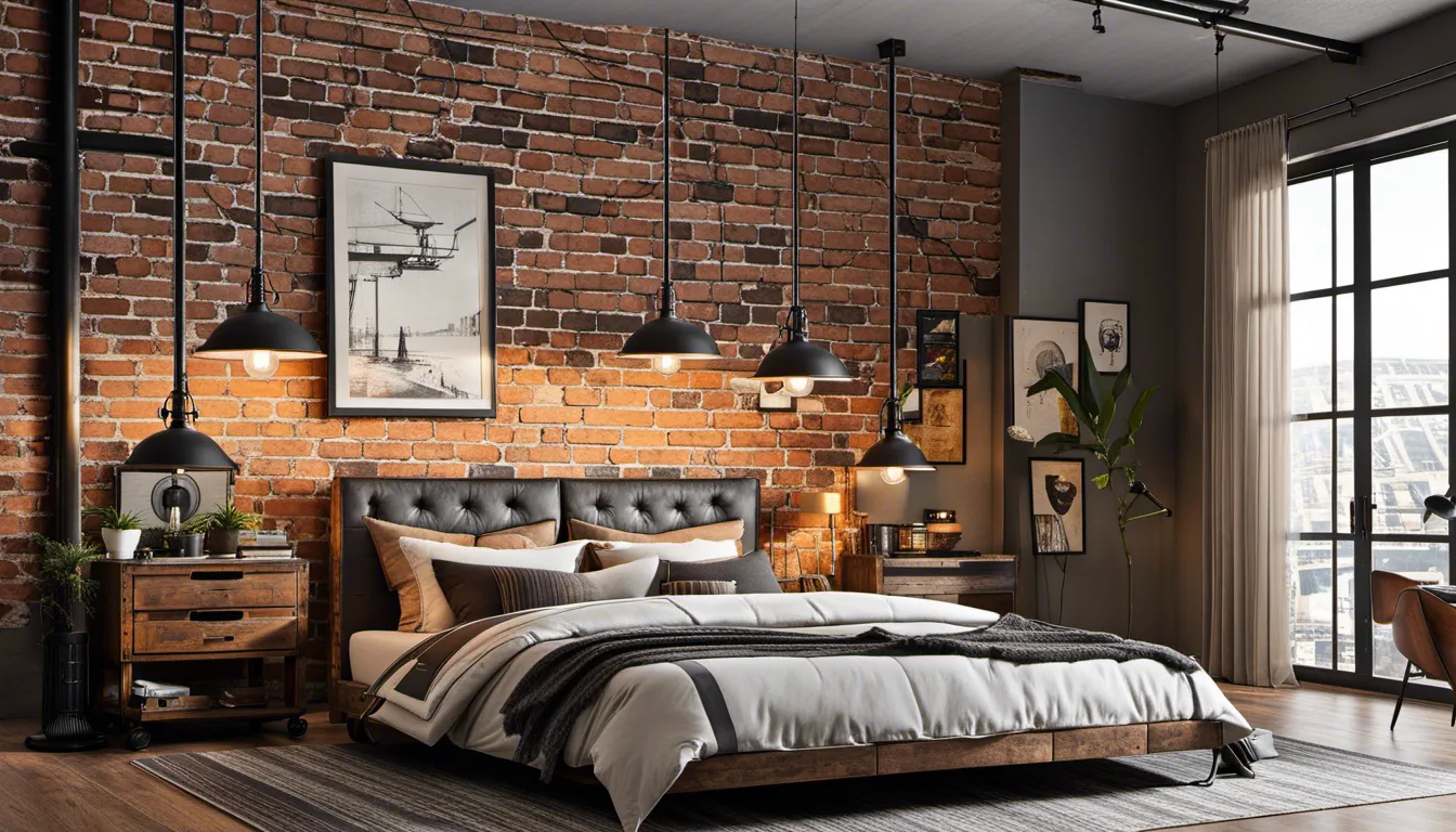 Create an industrial-inspired bedroom with exposed brick walls, metal accents, and raw materials. Opt for furniture with a distressed finish and minimalistic design. Utilize pendant lights with Edison bulbs for an authentic industrial feel.