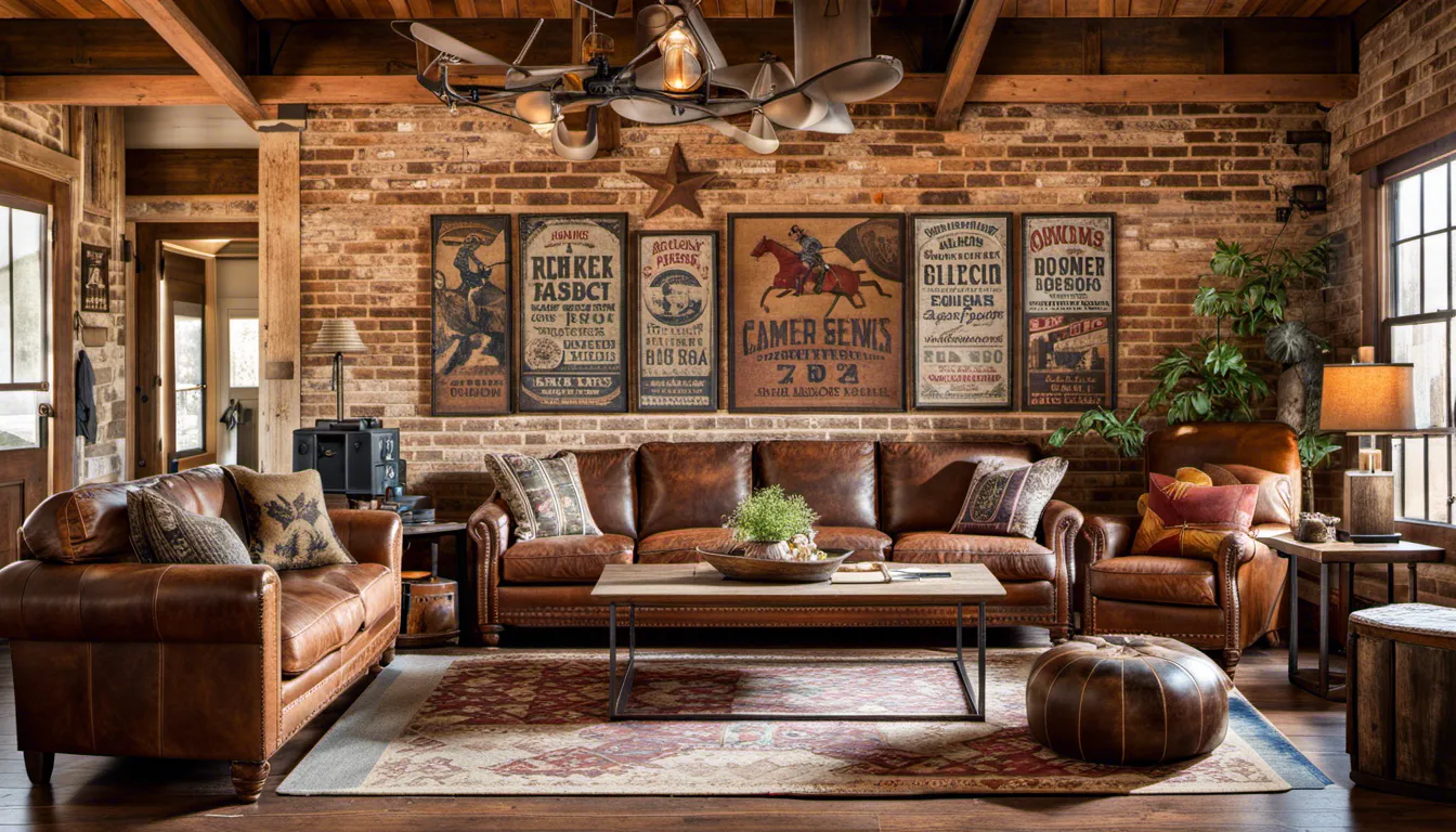 Vintage Ranch Retreat: A ranch-style interior with weathered leather sofas, exposed brick walls, vintage rodeo posters, worn-out cowboy boots used as decor, and a mix of textured fabrics creating a rustic yet comfortable environment. Camera settings: Standard zoom lens, f/4.5, 1/80 sec, ISO 400.