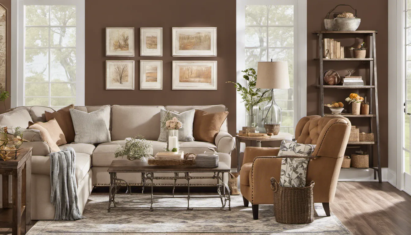 Highlight a room with a rustic farmhouse paint scheme, featuring warm, earthy tones and distressed finishes for a cozy and inviting atmosphere.