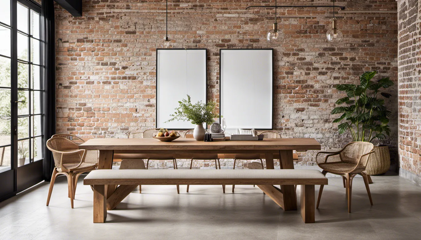 A minimalist approach to rustic design featuring clean lines, neutral colors, exposed brick wall, a simple wooden dining table, a single statement artwork, and carefully chosen natural textures. Camera settings: Wide-angle lens, f/4.0, 1/100 sec, ISO 200.
