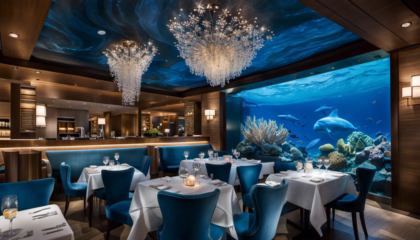 An underwater wonderland within the restaurant walls. Incorporate oceanic elements like flowing blue fabrics, suspended sea creature sculptures, and bioluminescent lighting to transport diners to an enchanting marine world.