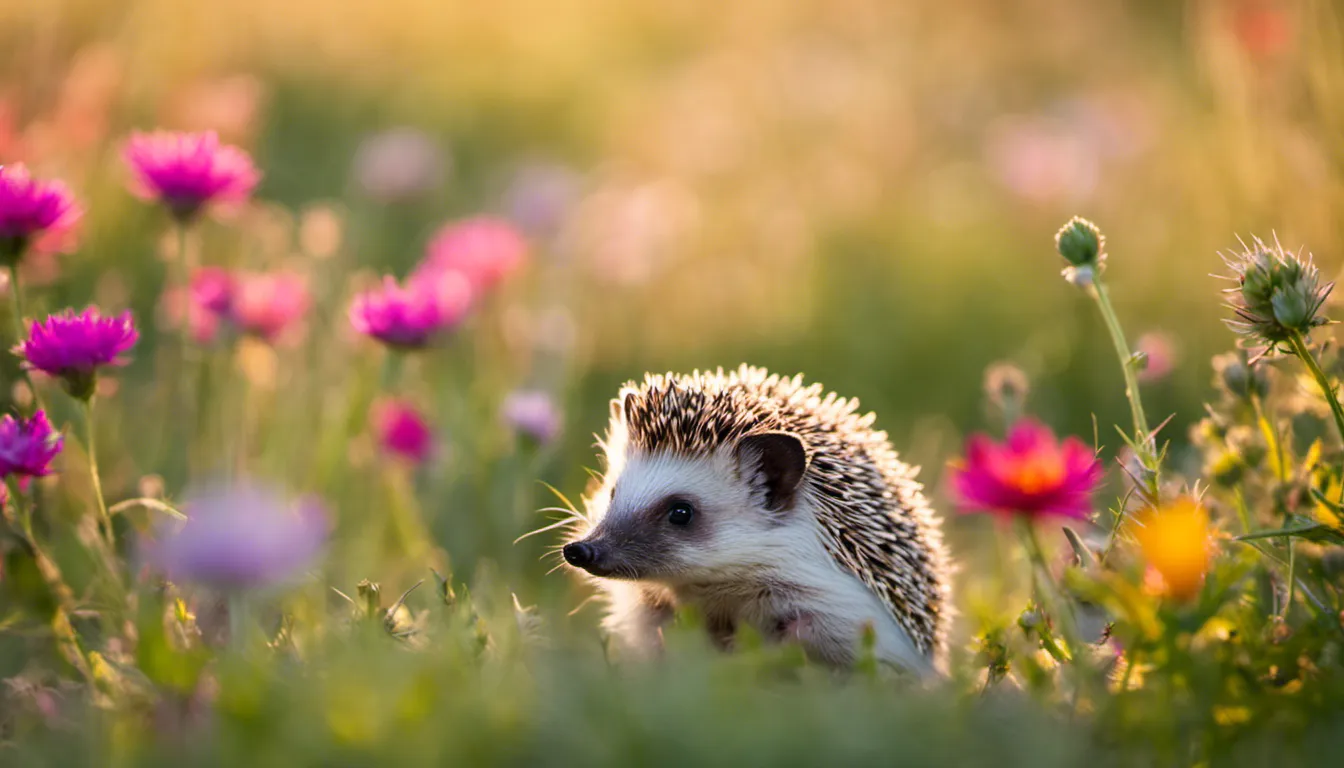 Tiny hedgehog exploring a bed of vibrant wildflowers, its spines casting soft shadows, curious eyes peeking out. Camera settings: Full-frame DSLR, 35mm, f/1.4, 1/60 sec, ISO 100.