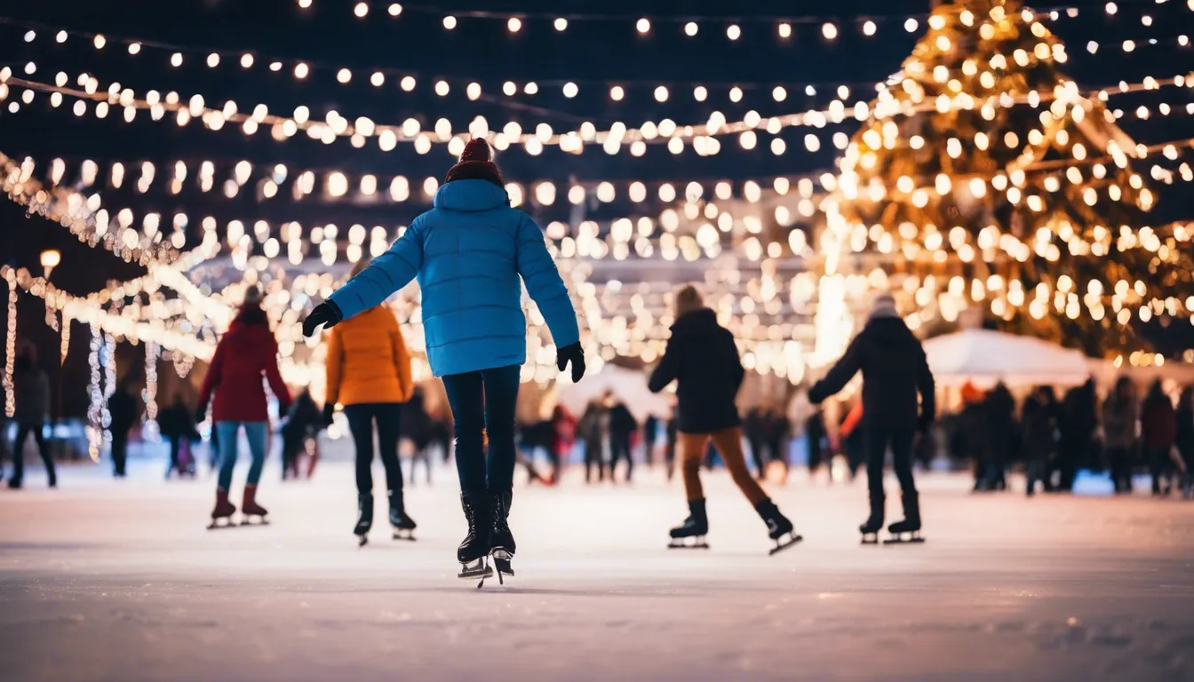 people ice skating in night, christmas lights out of focus backrgound
