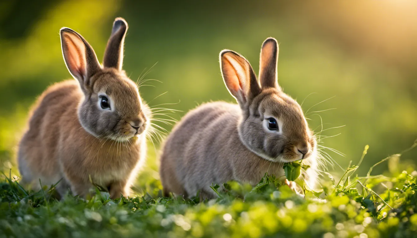 A clear Sweet-faced bunnies nibbling on fresh greens, soft fur catching the golden hour light, a scene of tranquil adorableness. Camera settings: Full-frame DSLR, 35mm, f/1.4, 1/60 sec, ISO 100. 