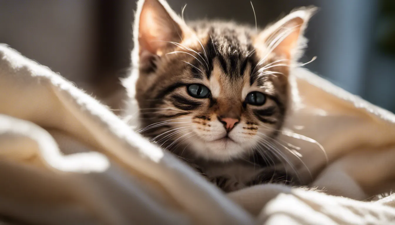 A beautiful image of Playful kitten nestled in a pile of soft blankets, dappled sunlight streaming in, whiskers twitching as they snooze. Camera settings: Mirrorless camera, 50mm, f/2.0, 1/200 sec, ISO 400.