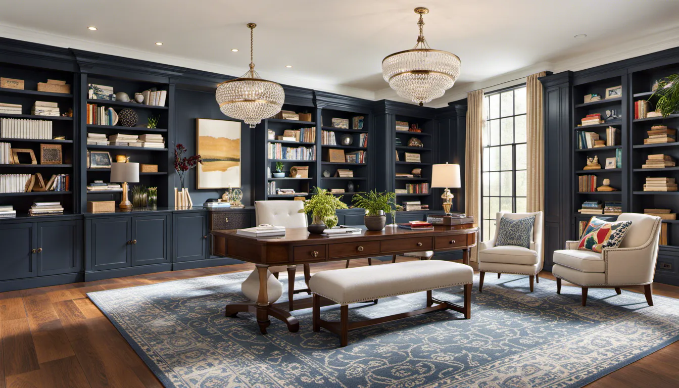Create an office reminiscent of a grand library, with floor-to-ceiling bookshelves, cozy reading nooks, and elegant furnishings that inspire continuous learning.