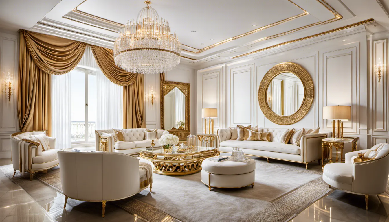 Living room Luxurious materials Gold and White Opulence Dominant gold and white color scheme, gilded furniture, crystal accents, and a sense of refined luxury throughout properly set furniture. Camera settings: Wide-angle lens, f/4.5, 1/100 sec, ISO 250.