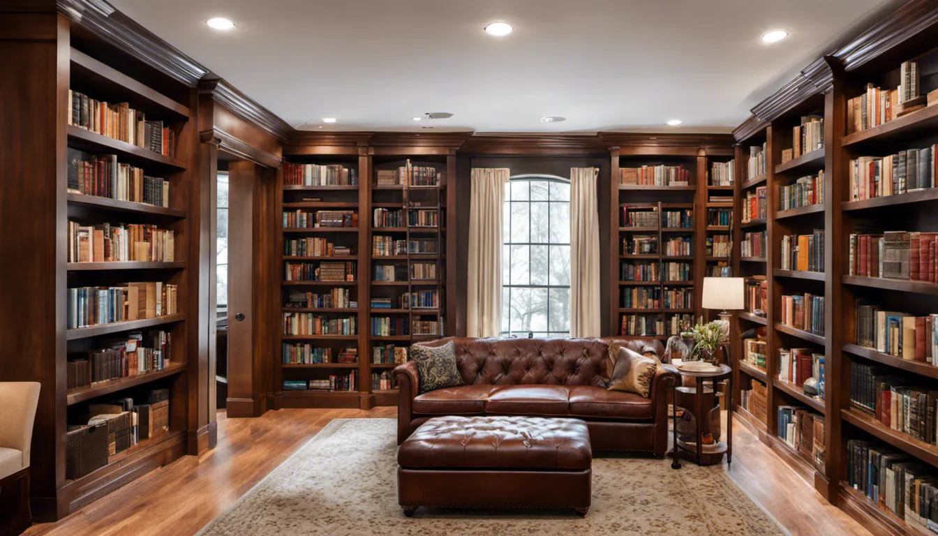 A photograph featuring a basement library with rich mahogany bookshelves, a rolling ladder, and a central reading nook furnished with a plush leather armchair and a tufted ottoman.