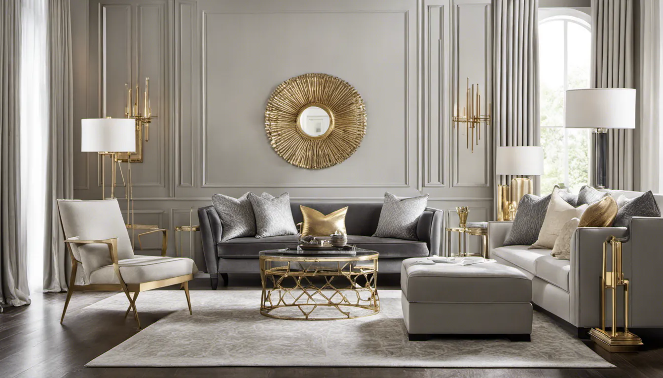 Capture the elegance of metallic paint accents, like gold or silver, used to create a sense of luxury and sophistication in a living room or bedroom.