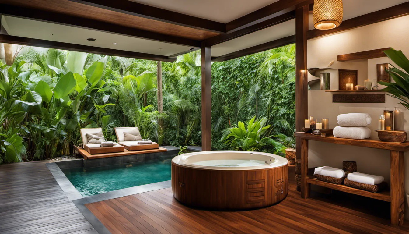 Showcase the rich wood and stone textures in a Balinese-themed spa. Feature a luxurious outdoor bathing area surrounded by tropical greenery.