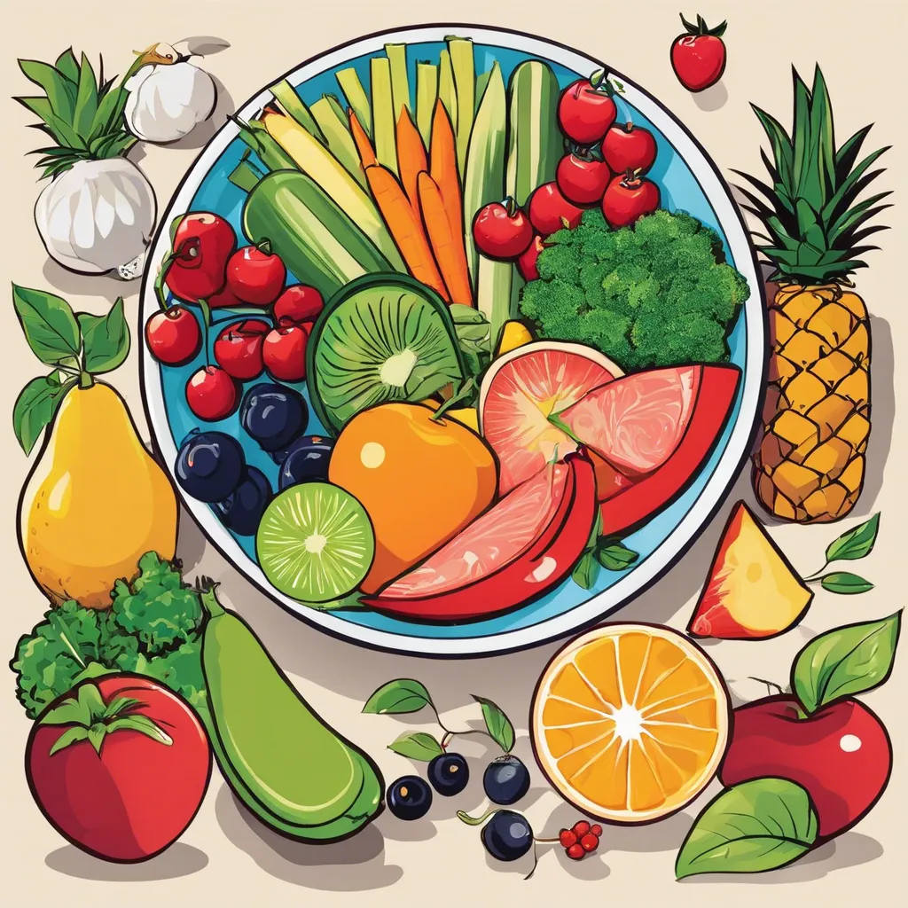 1. Slogan: "Always Eat Right, Be Nutrition Wealthy!" Poster: A colorful plate filled with a variety of fruits and vegetables, symbolizing a balanced diet. Make it look like anime or cartoon characters 
