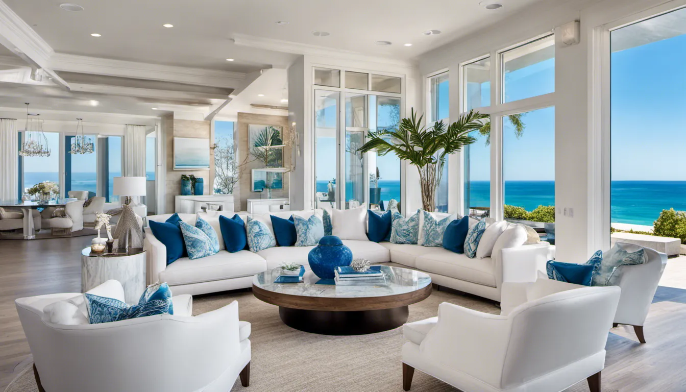 Sun-drenched luxury beach house interior, floor-to-ceiling windows framing ocean views, plush white sofas with azure cushions, driftwood accents, and marble coffee tables, blending opulence with coastal charm. Design elements: Crystal chandeliers, abstract ocean-inspired artwork, glass and chrome fixtures.
