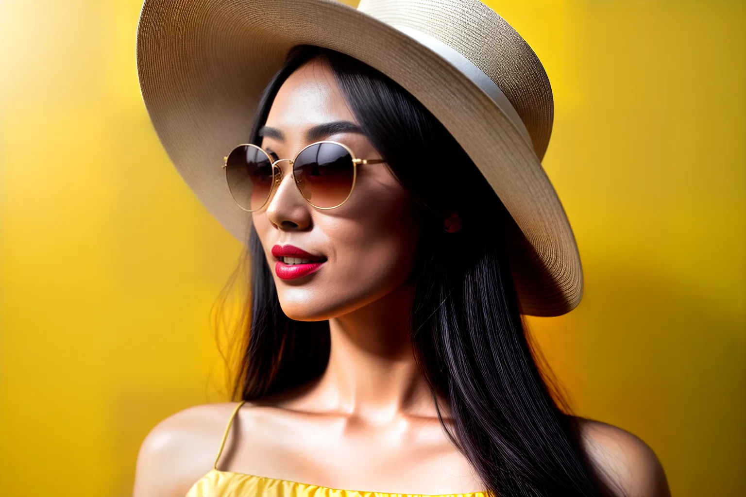 Portrait happy attractive young asian woman with trendy springtime dress, hat, sunglasses fashion and paper bag isolated on yellow background. Summertime sale shopping concept,High-resolution, Saturated, Contrasted, Top-down, 8K, Ultra-HD, Detailed, Sharp, Clear, Depth-filled, Quality, Meticulous
