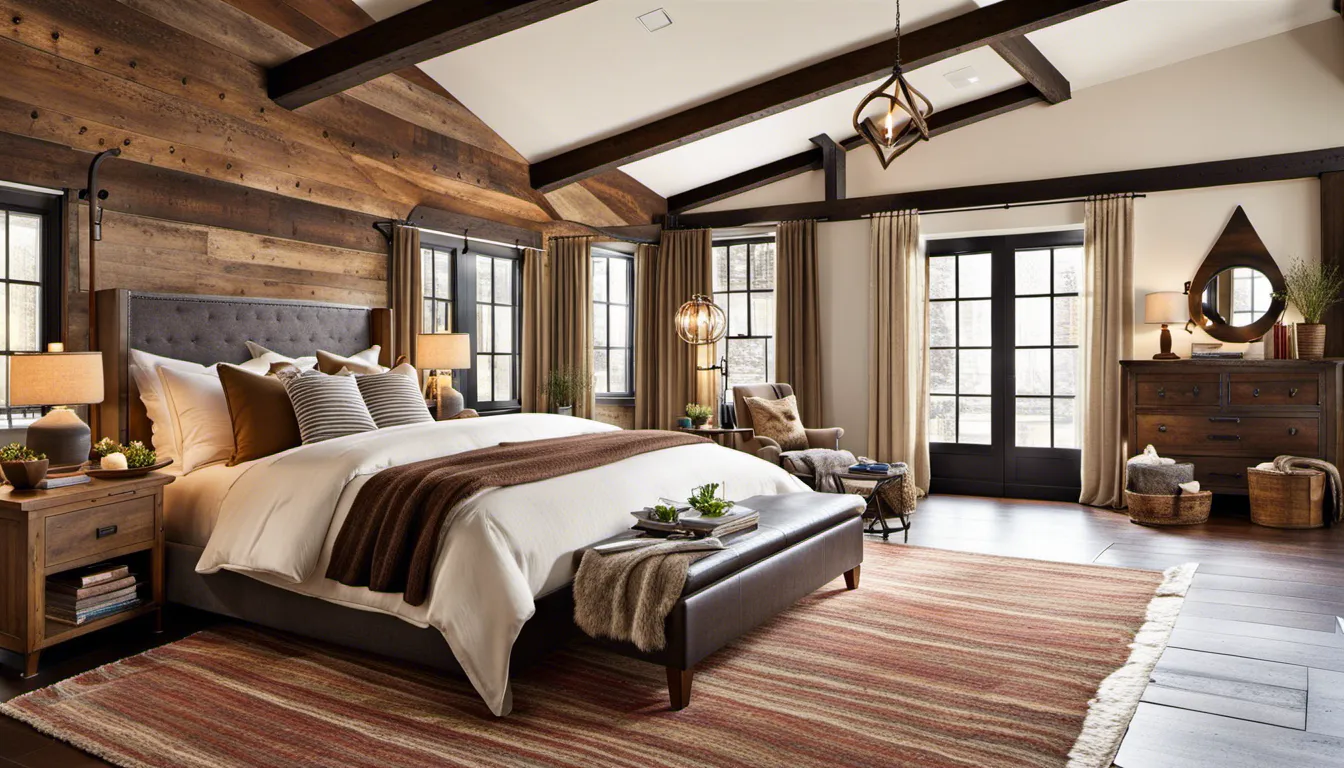 Design a bedroom with exposed wooden beams, a reclaimed wood accent wall, and warm earthy tones. Incorporate cozy textiles like wool blankets and faux fur rugs. Use vintage-inspired furniture and wrought-iron light fixtures to complete the rustic feel.
