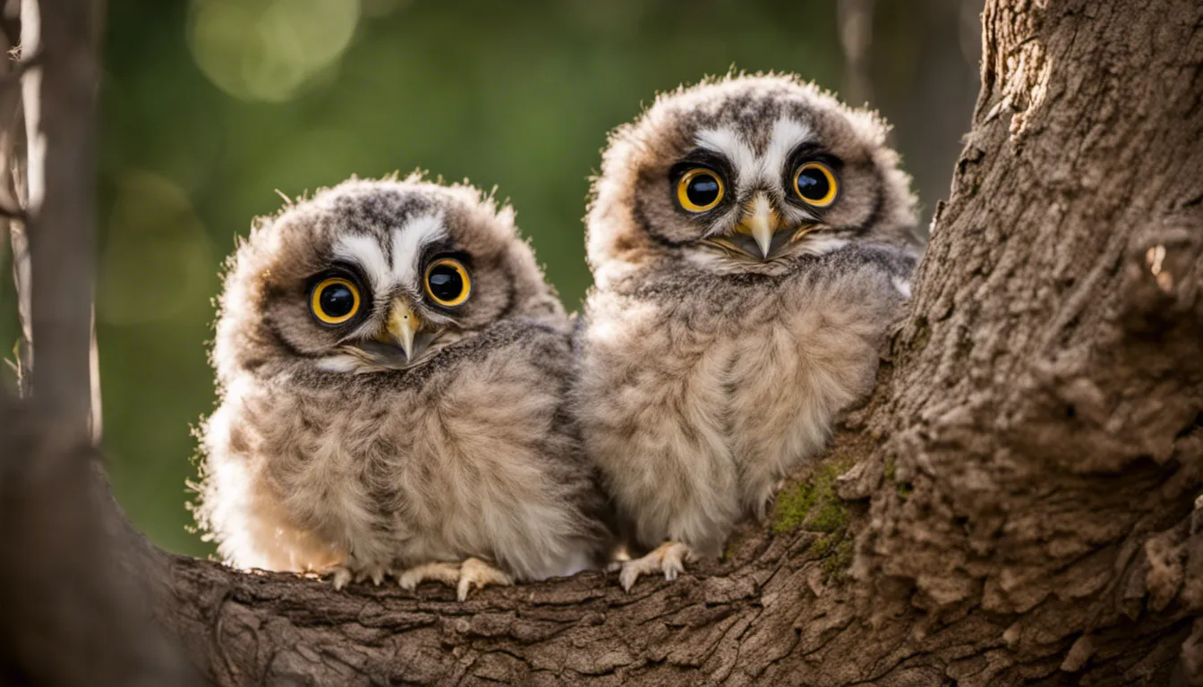 Fluffy baby owlets peeking out from a tree hollow, wide eyes and downy feathers, a glimpse into the mysterious world of nocturnal creatures. Camera settings: Telephoto lens, f/5.6, 1/160 sec, ISO 400.