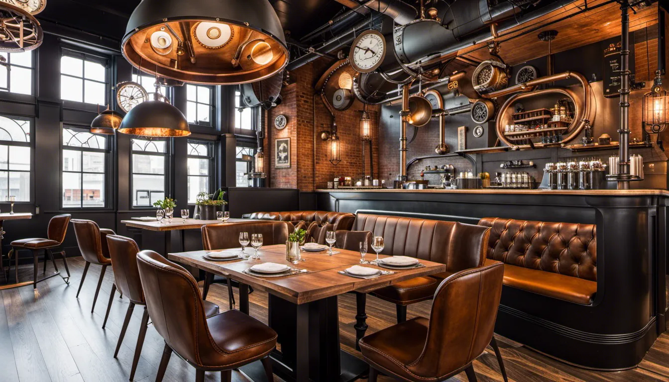 Design a steampunk-themed restaurant interior that combines Victorian-era industrial elements with futuristic touches. Think exposed gears, metallic accents, and retro-futuristic gadgets for a dining experience unlike any other.