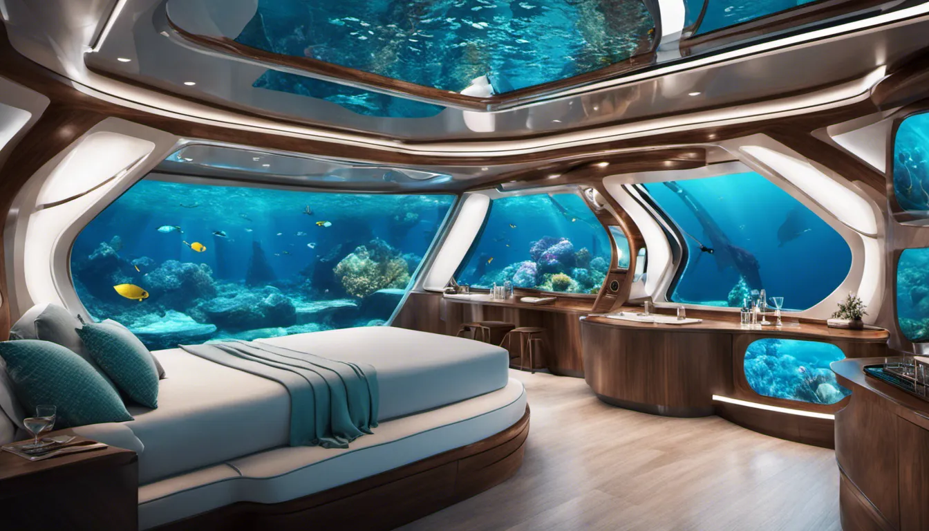 A futuristic underwater environment inside the boat, complete with holographic displays, biomimetic architecture, and an otherworldly ambiance.