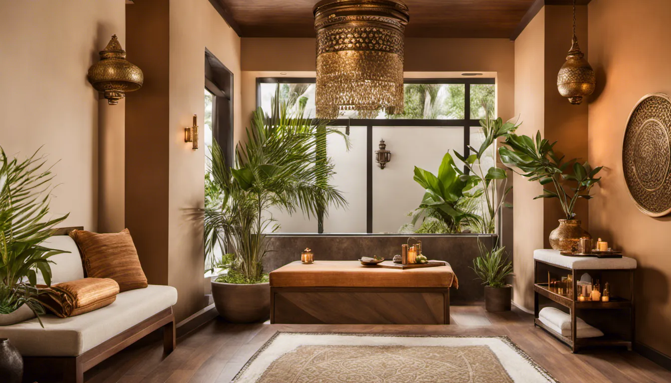 Photograph an Ayurvedic spa with traditional Indian decor, warm color palettes, and herbal-infused oils. Highlight a serene consultation area with brass accents.