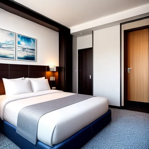 Modern new hotel bedroom interior,High-resolution, Saturated, Contrasted, Top-down, 8K, Ultra-HD, Detailed, Sharp, Clear, Depth-filled, Quality, Meticulous