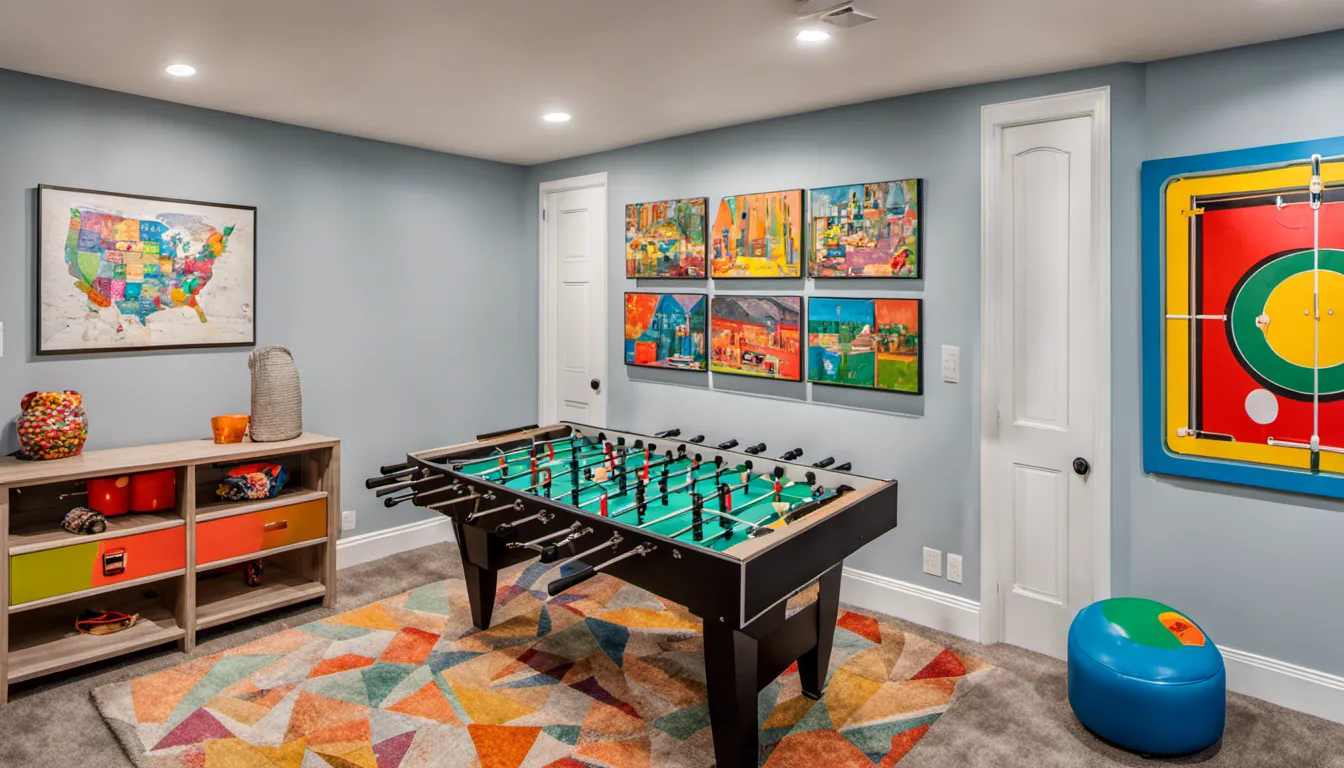 A photograph showcasing a lively basement playroom with a foosball table, a stack of board games, and a wall adorned with colorful art made by the children.