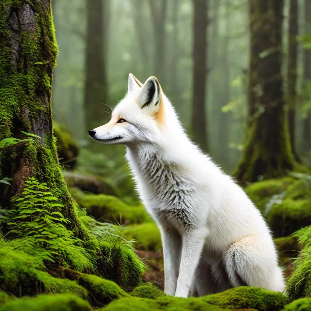 Back of white fox in moss forest 