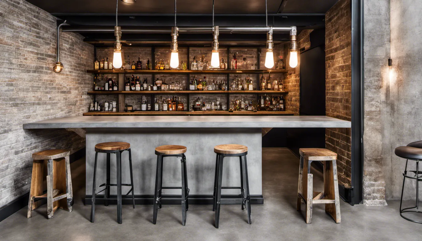 Photograph capturing an urban basement converted into a chic bar area with polished concrete floors, sleek metal barstools, and a bar made from reclaimed wood and metal pipes.