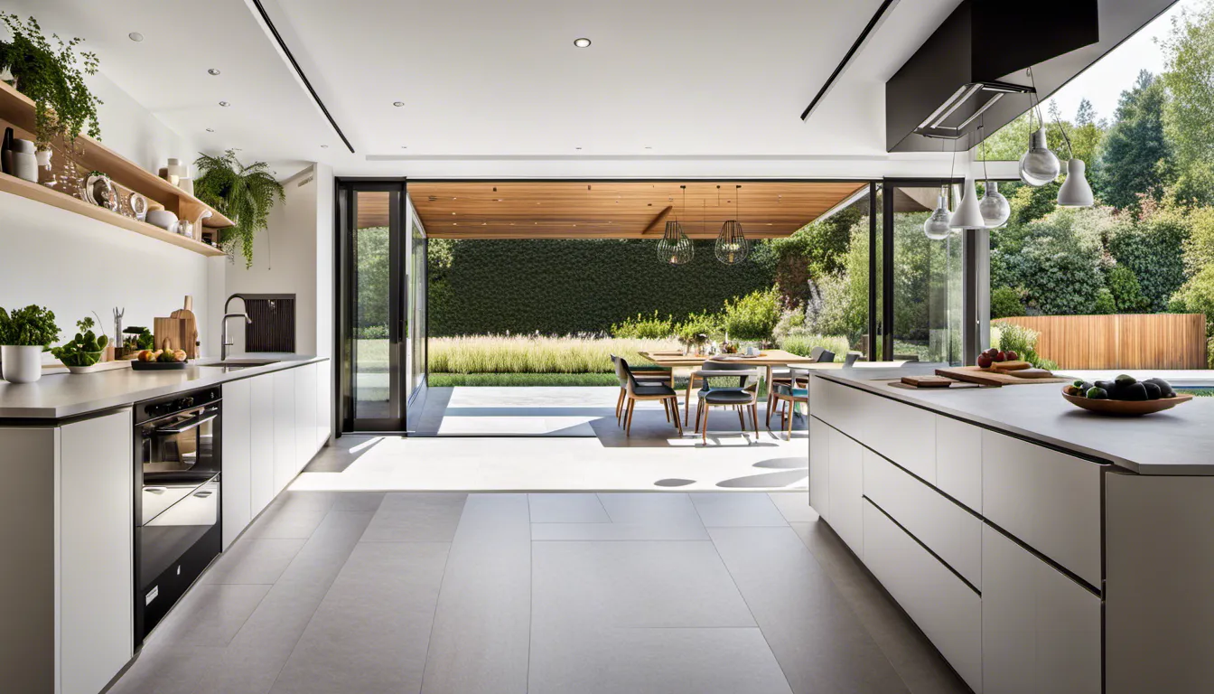 A kitchen that blurs the lines between indoors and outdoors, featuring large windows, bi-fold doors, and a seamless transition to an outdoor cooking and dining area.