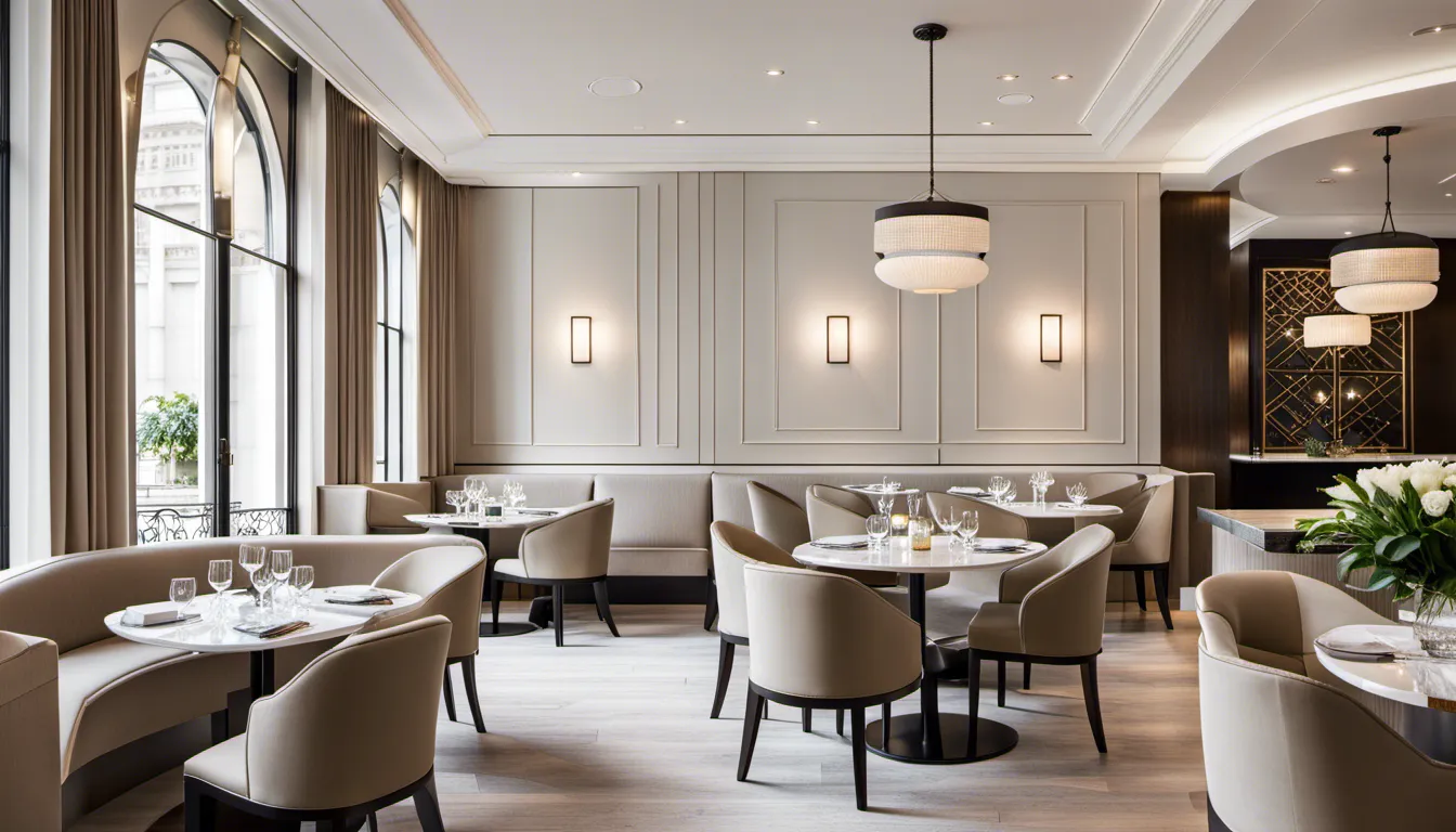 An elegant restaurant interior that embraces the beauty of simplicity. Use a neutral color palette, clean lines, and refined furnishings to create a timeless and understated sense of elegance.