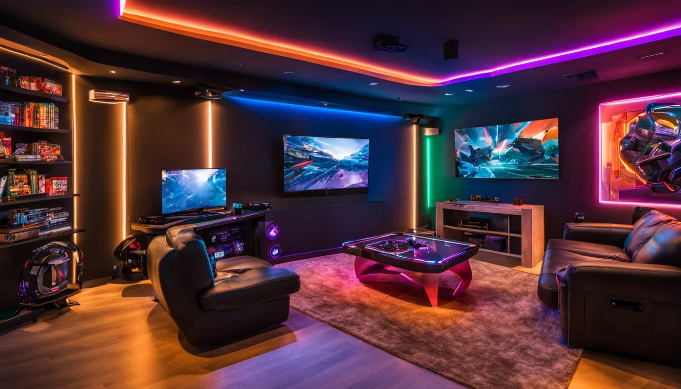 Photograph capturing the essence of a futuristic gaming basement with LED strip lighting in vibrant colors lining the edges of ultra-modern furniture and gaming setups.