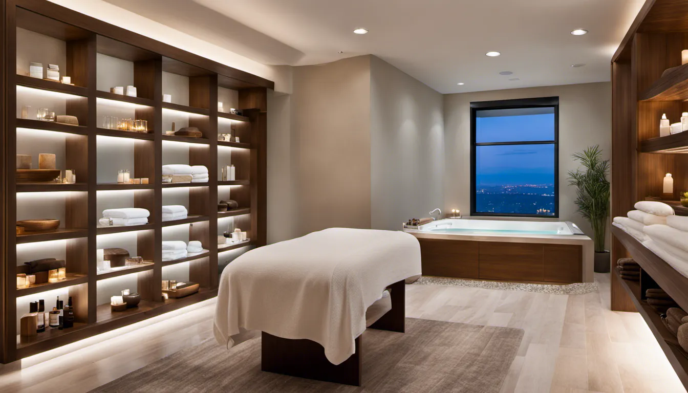 Showcase an aromatherapy-focused spa with shelves lined with essential oils, diffusers, and a tranquil treatment room with soft, diffused lighting.