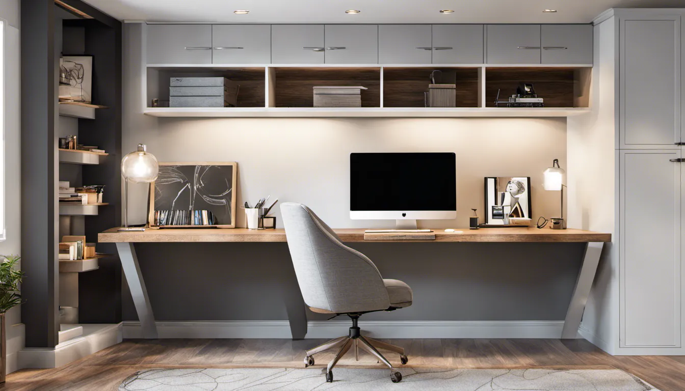 A photograph of a basement converted into a stylish home office, featuring a spacious desk, ergonomic chair, and sleek built-in storage.