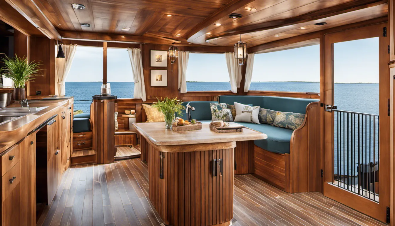 Showcase a boat interior designed with sustainability in mind, using reclaimed materials, energy-efficient lighting, and eco-conscious furnishings to create a harmonious space with the environment.