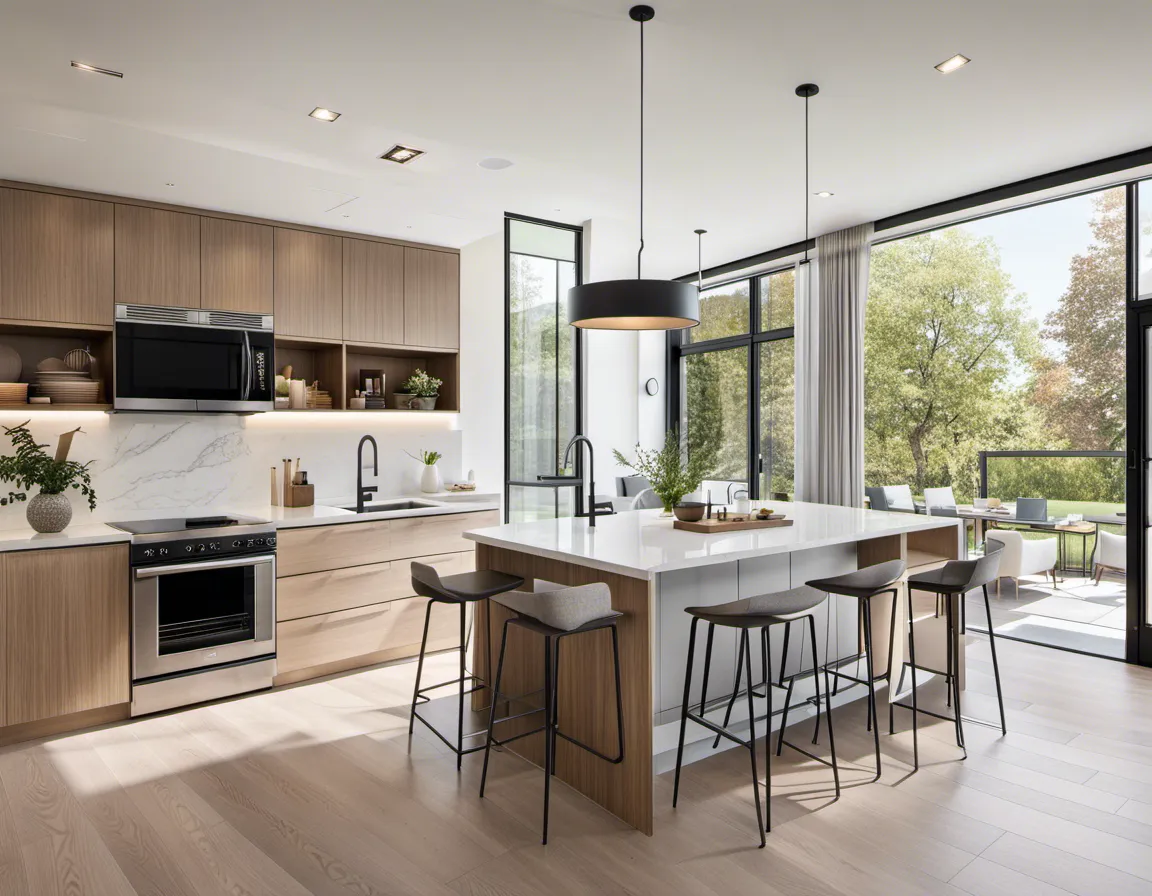Living Space with open concept, An airy living area seamlessly connected to a modern kitchen, featuring clean lines, a spacious layout, large windows letting in natural light, and a sleek center island, high quality, ultra detailed, High resolution