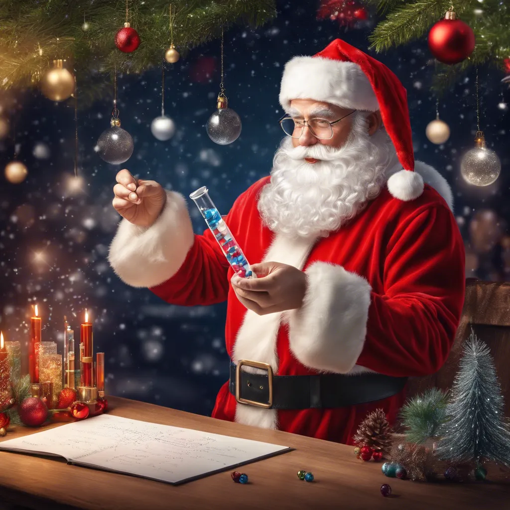 Santa Claus holding a chemistry test tube in his hand, Christmas background, Happy, Ultra-realistic, full HD
